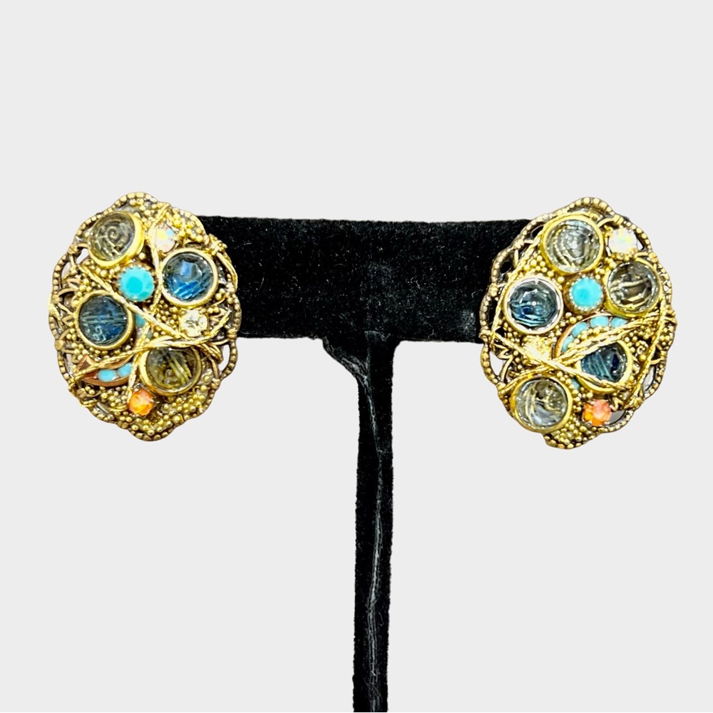 VINTAGE BLUE & TURQUOISE CRYSTAL & MIXED MEDIA ARTISTIC EARRINGS
